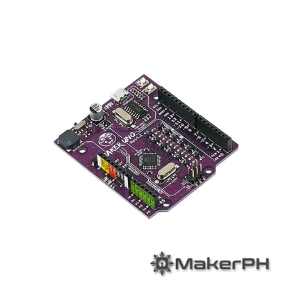Purple Arduino-compatible circuit board.