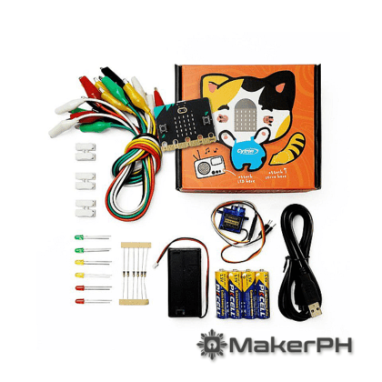 Electronics kit with cables, microcontroller, LEDs, batteries.
