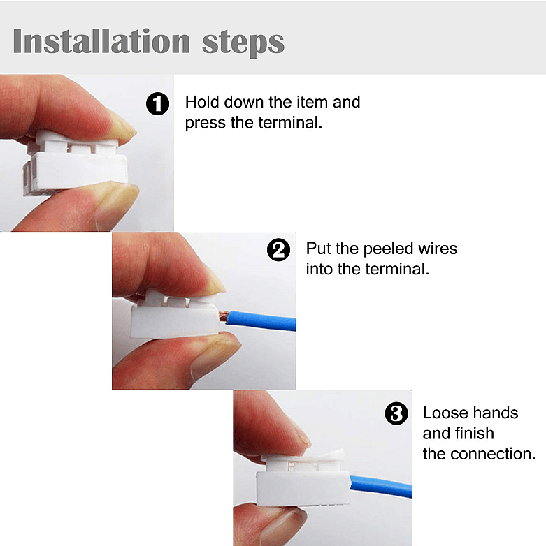 Installation Steps Three-step wire terminal installation process.