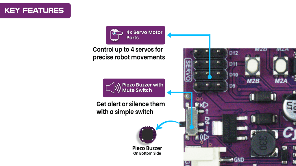 Robot board showing servo ports and piezo buzzer features.