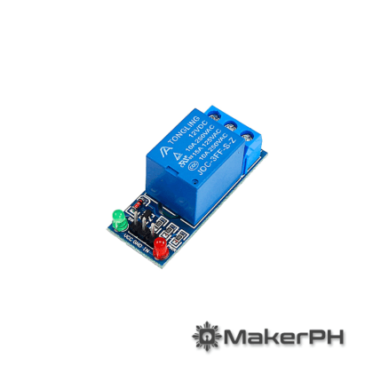 Blue relay module with LED indicators.