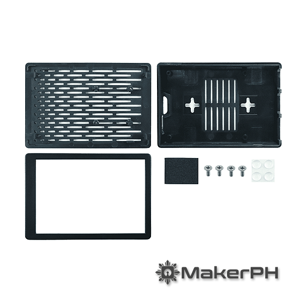 Black electronic enclosure kit with components displayed.
