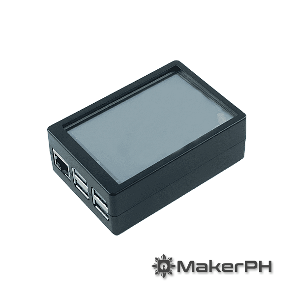 Black plastic Raspberry Pi case with ports visible.