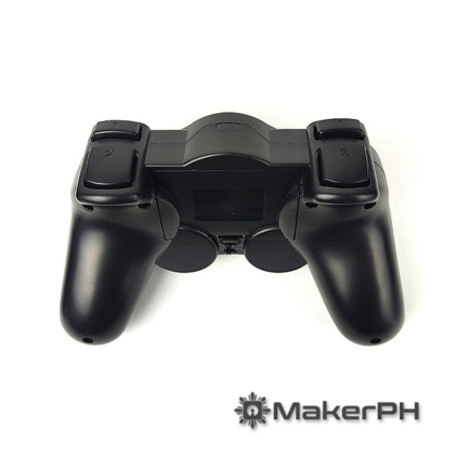 Back view of a black game controller