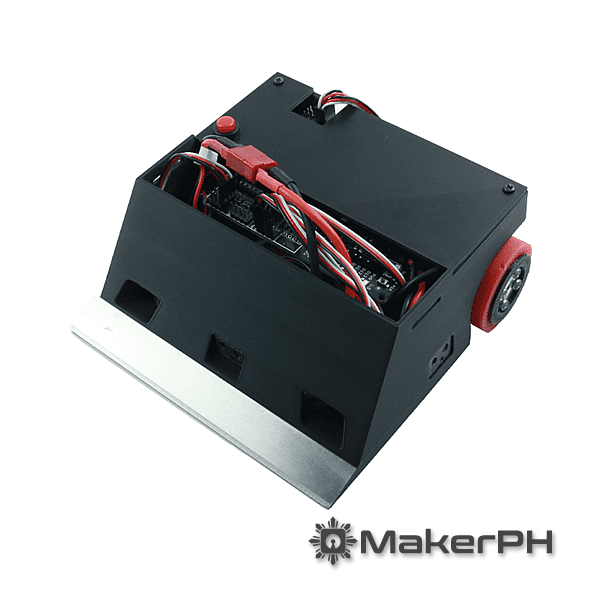 Mini sumo robot with wheels and exposed wiring.