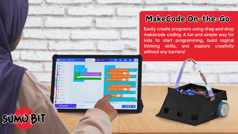 Child programming on tablet next to robot device.