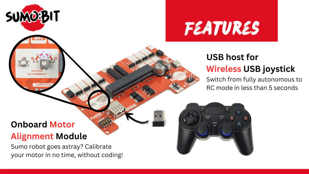 Sumo robot board with motor alignment and joystick features.